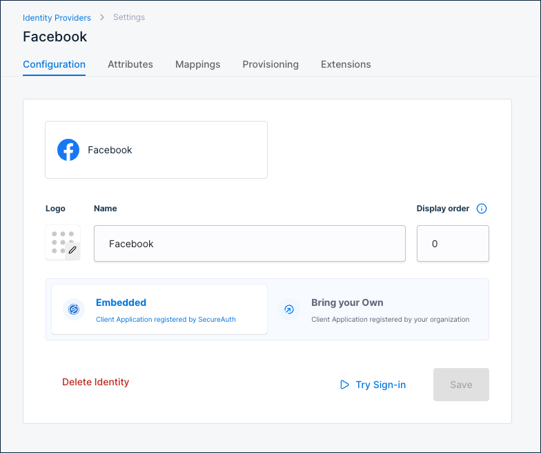 Facebook Configuration tab showing Embedded mode and Display order