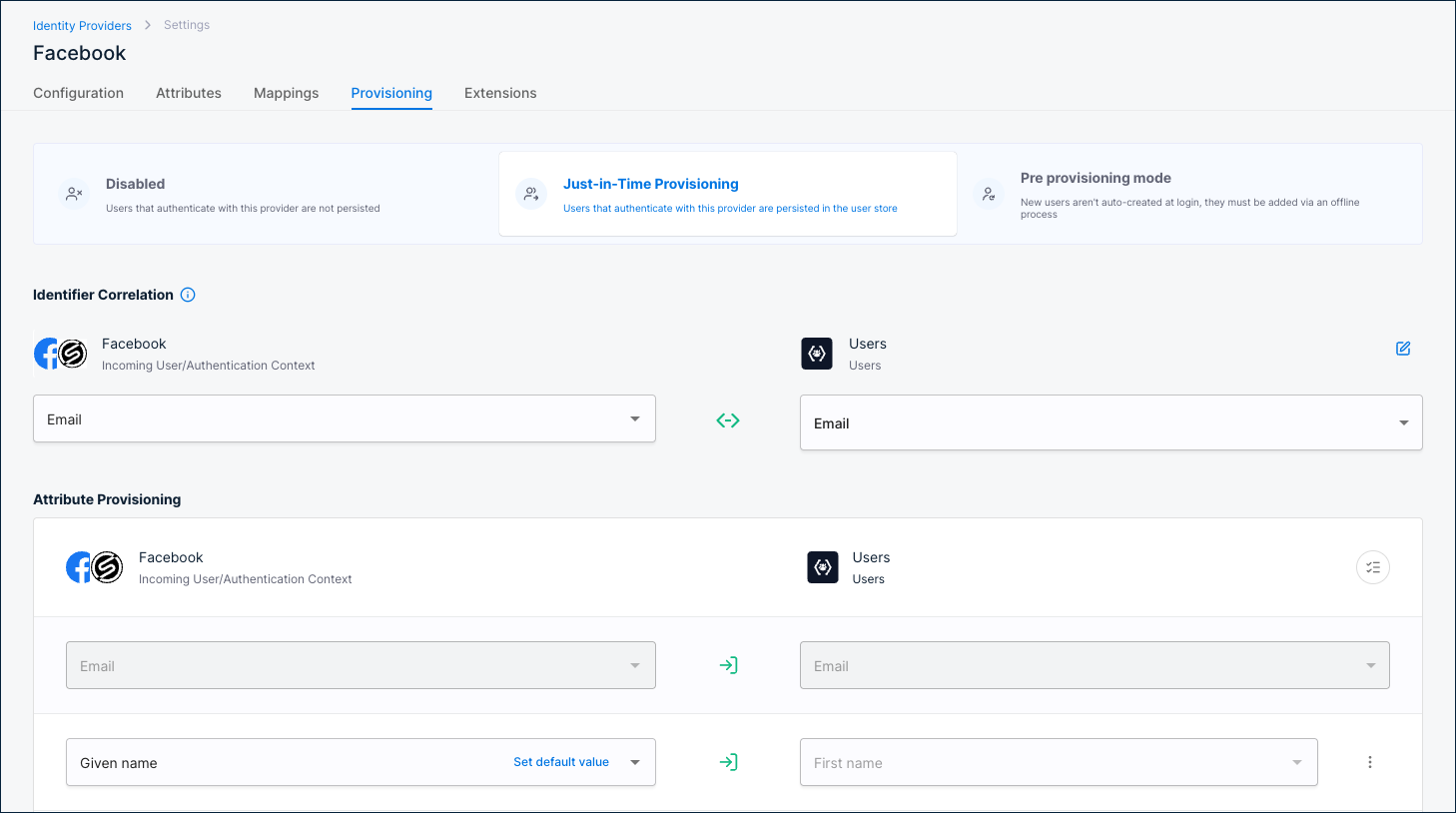 Provisioning tab with Just-in-Time Provisioning selected, showing Identifier Correlation and Attribute Provisioning