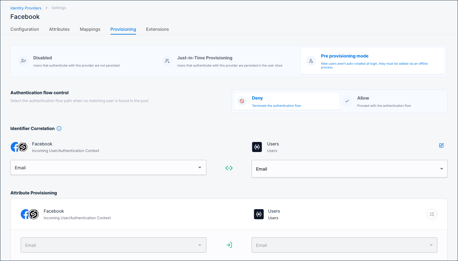 Provisioning tab with Pre provisioning mode selected, showing Authentication flow control and Attribute Provisioning