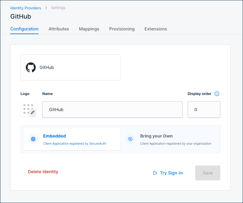 GitHub Configuration tab showing Embedded mode and Display order