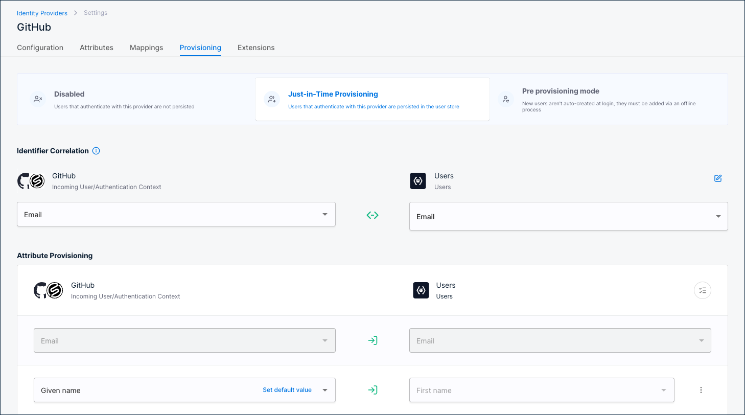 Provisioning tab with Just-in-Time Provisioning selected, showing Identifier Correlation and Attribute Provisioning