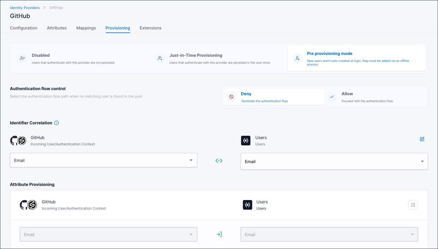Provisioning tab with Pre provisioning mode selected, showing Authentication flow control and Attribute Provisioning