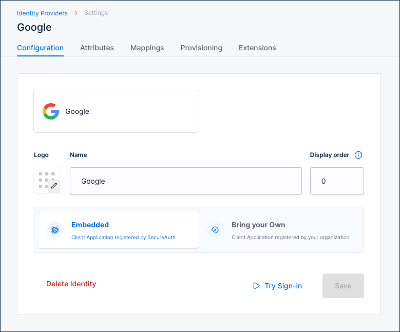 Google Configuration tab showing Embedded mode and Display order