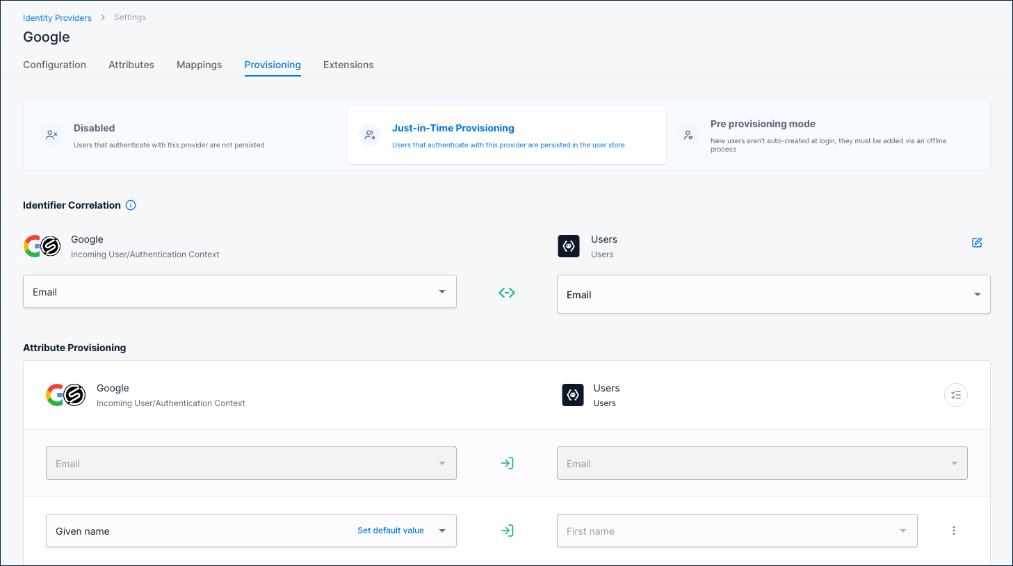 Provisioning tab with Just-in-Time Provisioning selected, showing Identifier Correlation and Attribute Provisioning