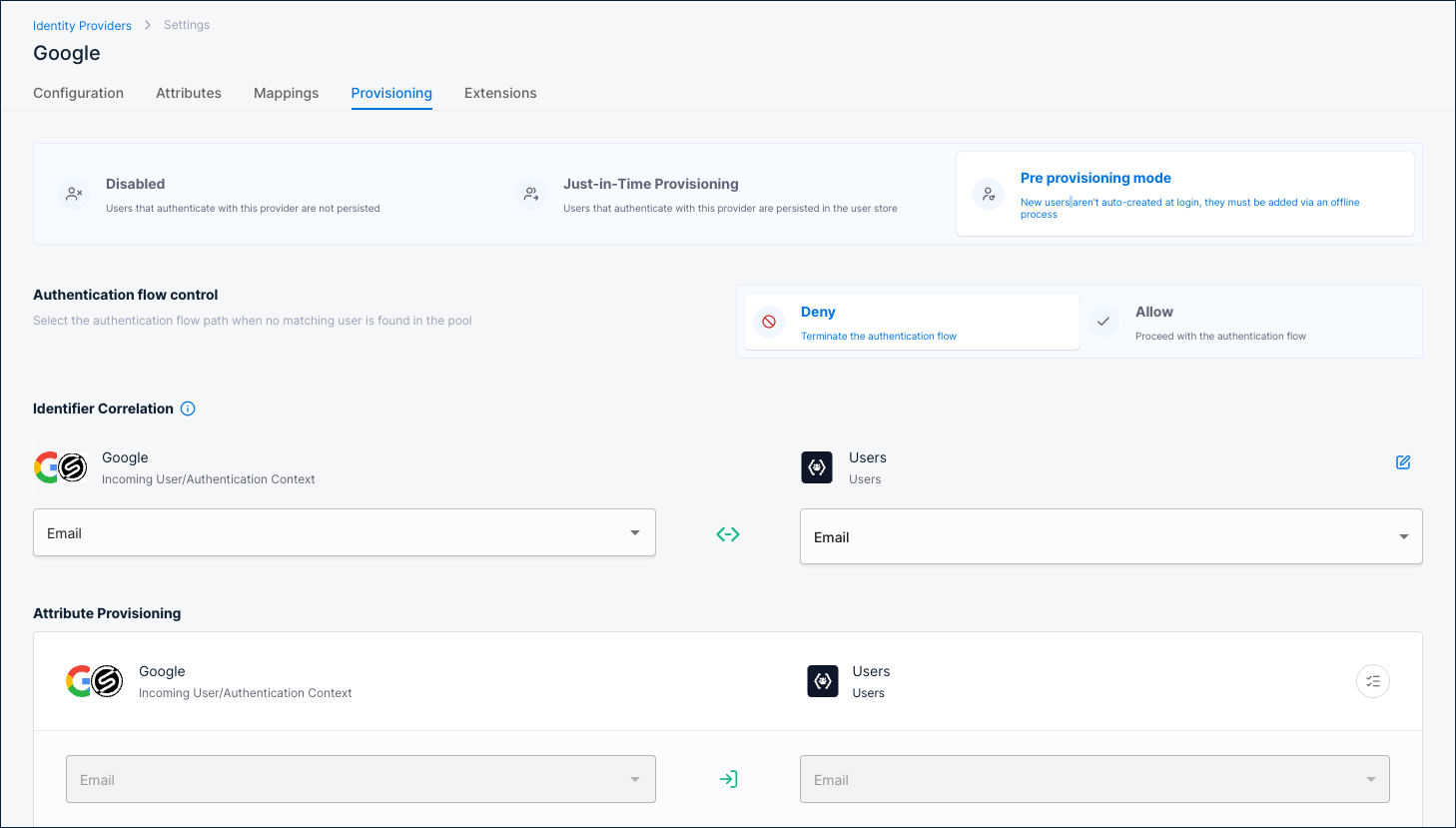 Provisioning tab with Pre provisioning mode selected, showing Authentication flow control and Attribute Provisioning