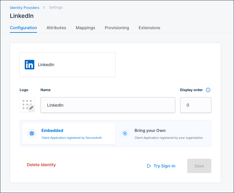 LinkedIn Configuration tab showing Embedded mode and Display order