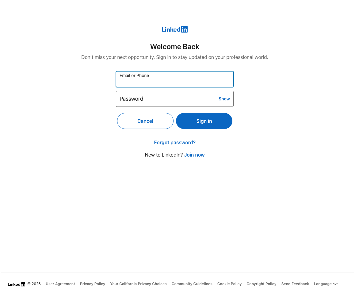LinkedIn sign-in page shown when testing with Try Sign-in