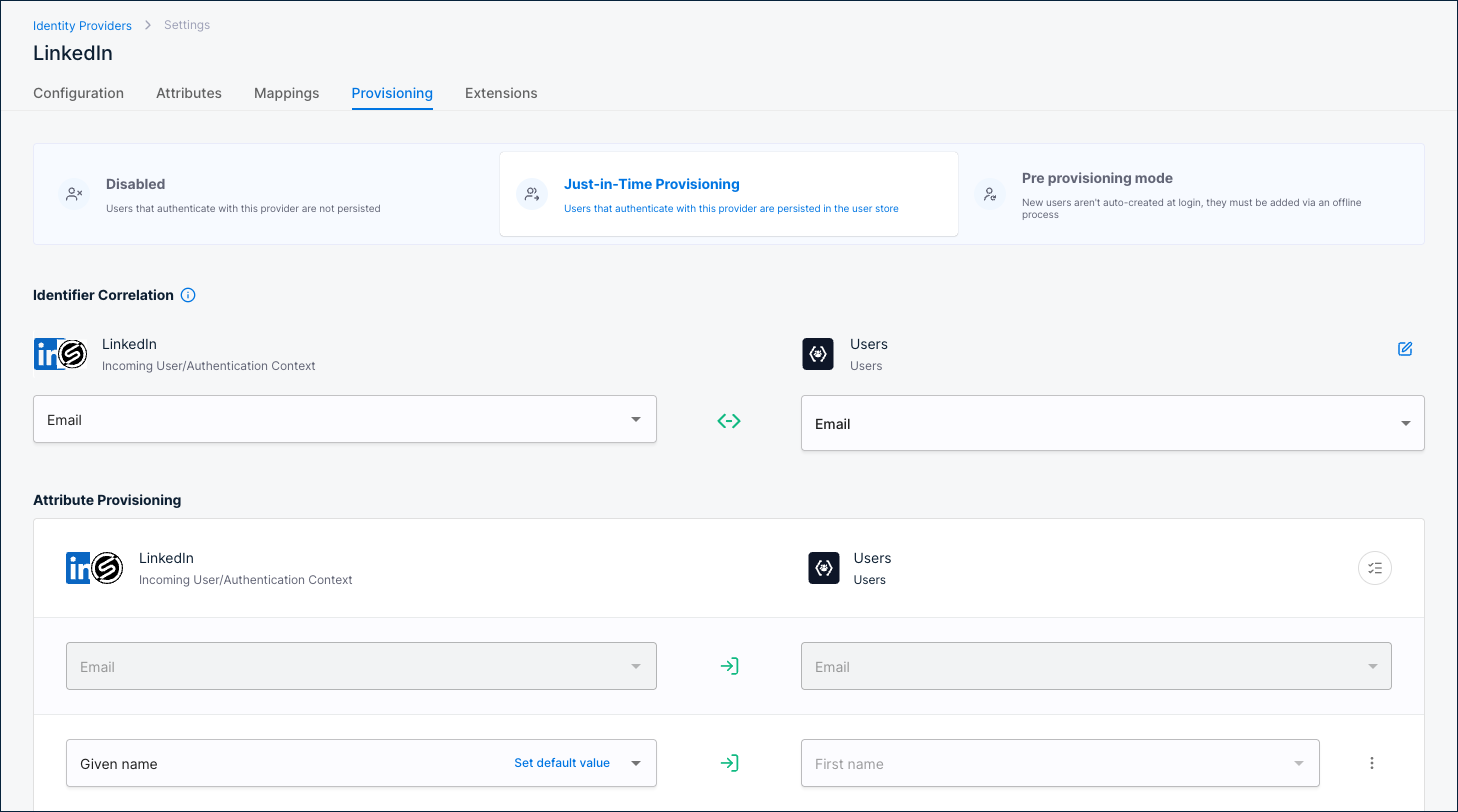 Provisioning tab with Just-in-Time Provisioning selected, showing Identifier Correlation and Attribute Provisioning
