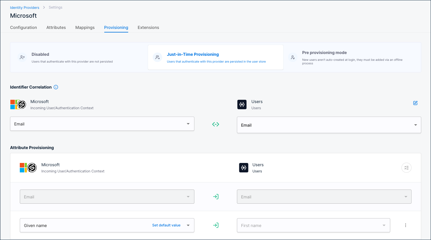 Provisioning tab with Just-in-Time Provisioning selected, showing Identifier Correlation and Attribute Provisioning