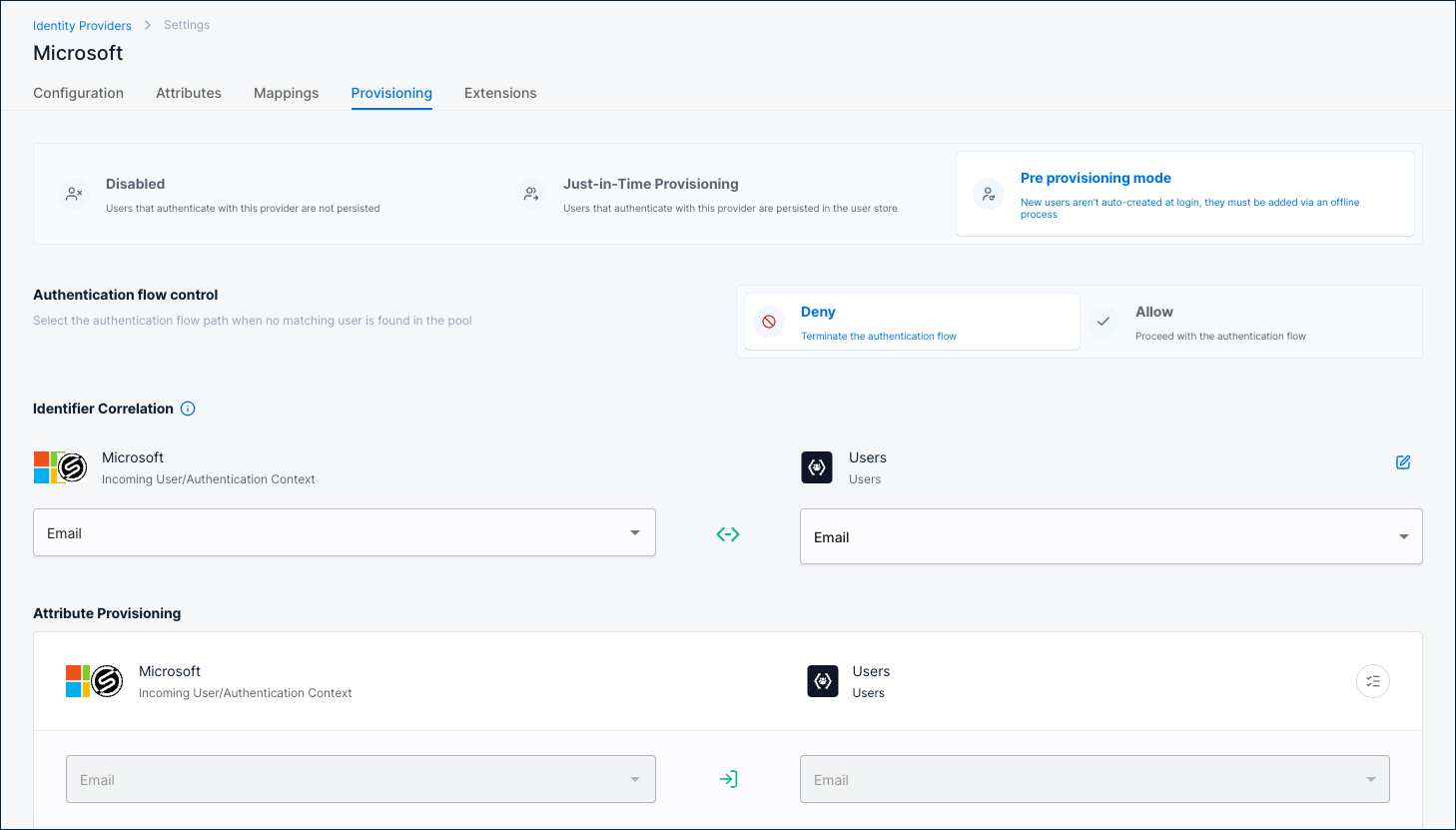 Provisioning tab with Pre provisioning mode selected, showing Authentication flow control and Attribute Provisioning