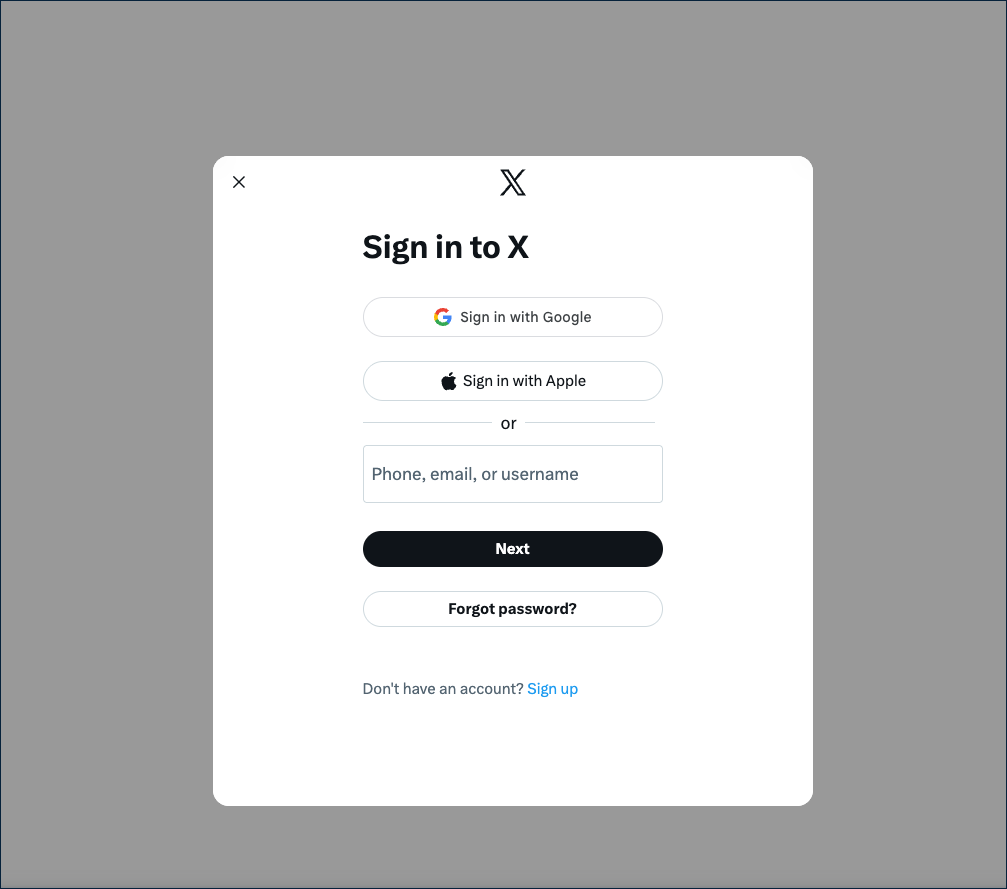 X sign-in page shown when testing with Try Sign-in