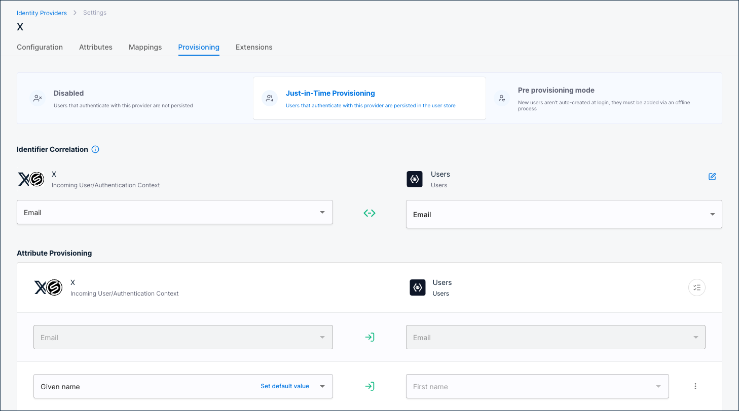 Provisioning tab with Just-in-Time Provisioning selected, showing Identifier Correlation and Attribute Provisioning