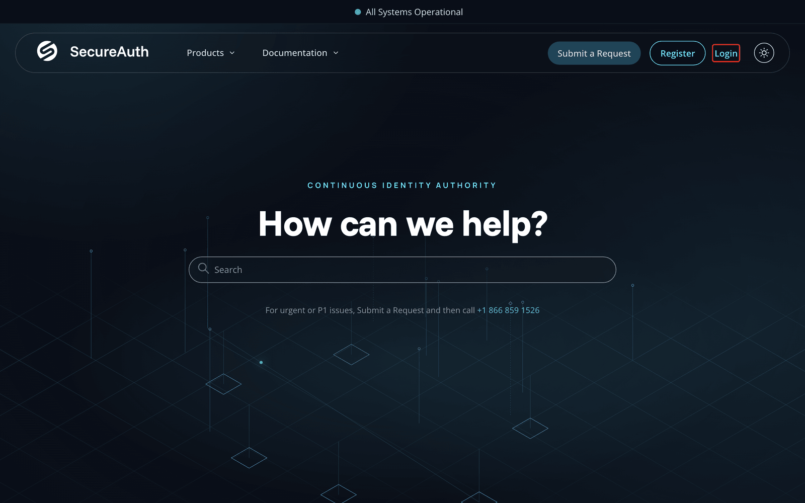 The Support Portal home page with the Login button highlighted at the top right.