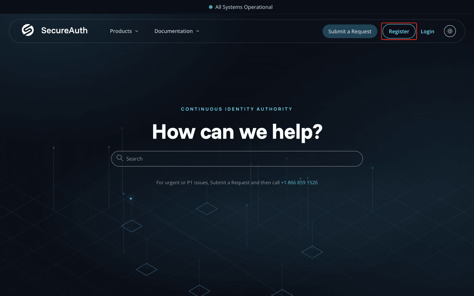 The Support Portal home page with the Register button highlighted at the top right.