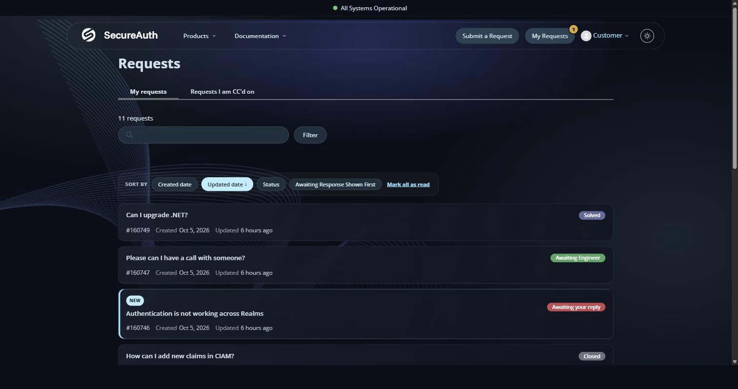 The My Requests list showing cases with Awaiting Engineer, Solved, Awaiting your reply (with a NEW tag), and Closed status tags.