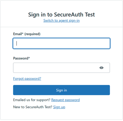 The SecureAuth Support sign-in form with email and password fields, a Forgot password link, and a Sign up link.