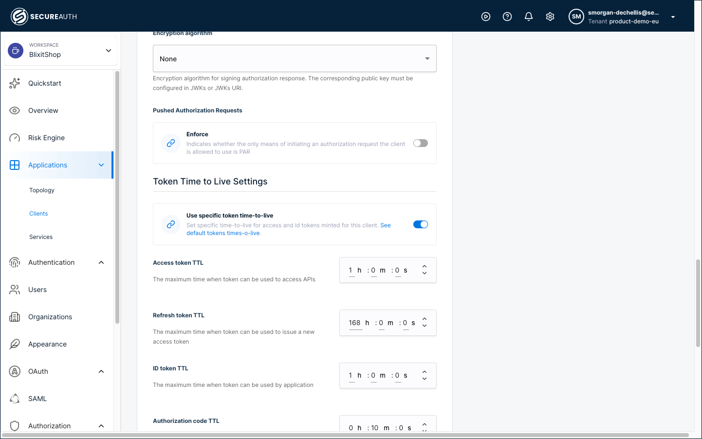 The Token Time to Live Settings section of the application OAuth tab, with the Use specific token time-to-live toggle enabled and fields for Access token TTL, Refresh token TTL, ID token TTL, and Authorization code TTL