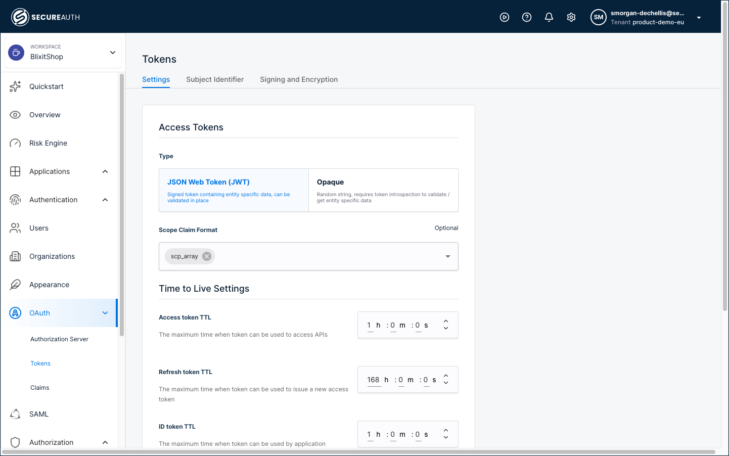 The Tokens settings page showing the Settings tab with Time to Live Settings section. Access token TTL is set to 1 hour, Refresh token TTL to 168 hours, and ID token TTL to 1 hour.
