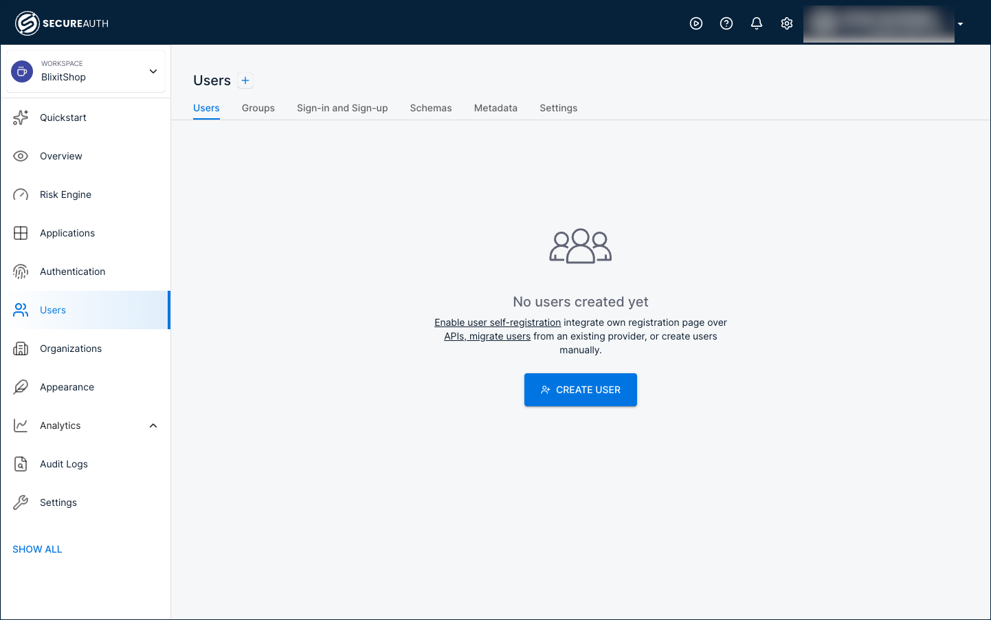 Users section in its empty state, with options to enable self-registration, integrate a custom registration page, or create users manually