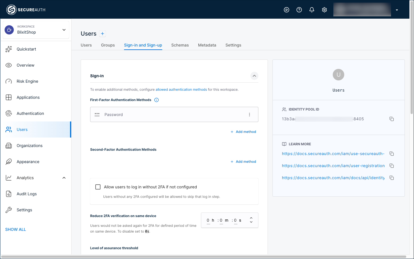 Sign-in and Sign-up tab showing the Sign-in section with Password as the enabled first-factor authentication method and an option to add more methods