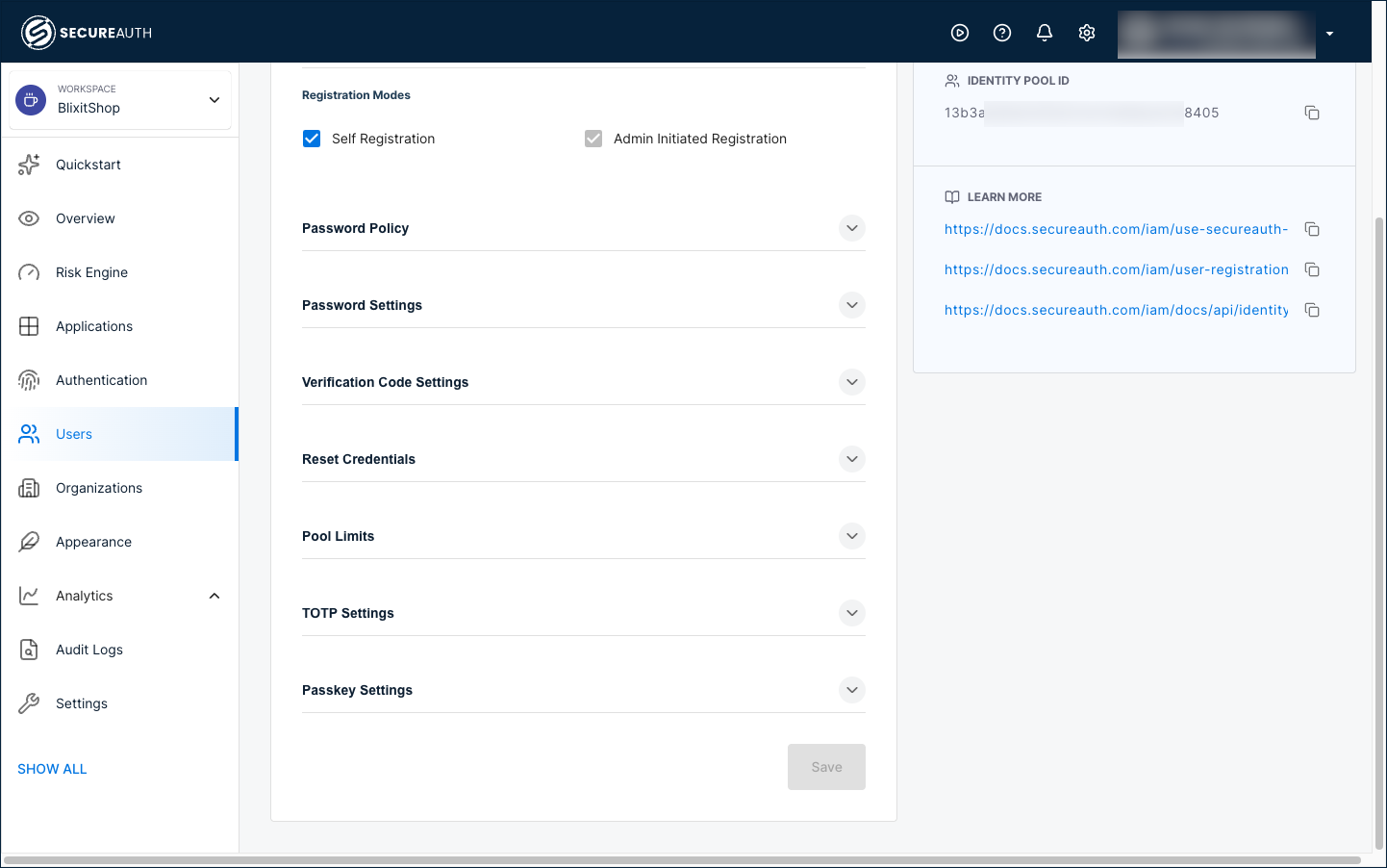 Sign-in and Sign-up tab scrolled to show Registration Modes with Self Registration and Admin Initiated Registration options, followed by collapsed sections for Password Policy, Password Settings, Pool Limits, and Passkey Settings