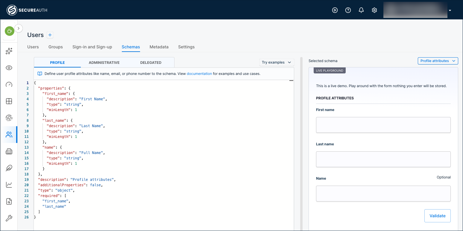Profile schema for users in an identity pool