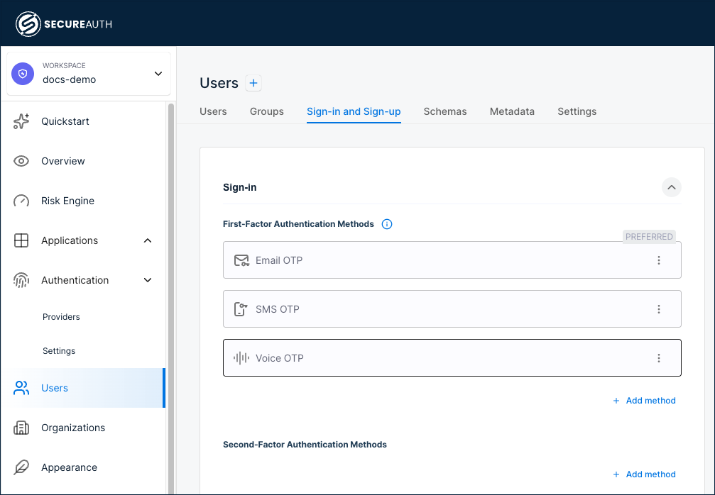 Identity pool Sign-in and Sign-up tab showing OTP methods as first-factor authentication