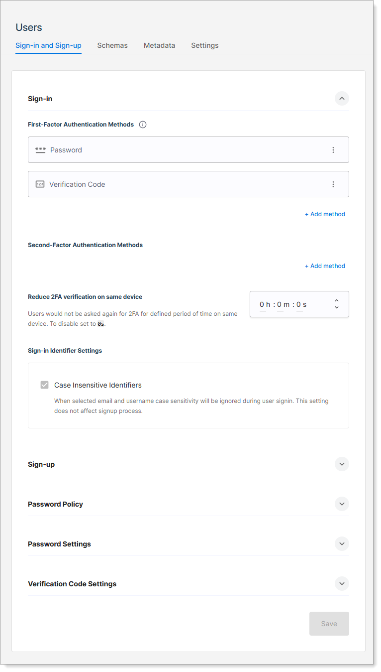 Authentication methods configuration