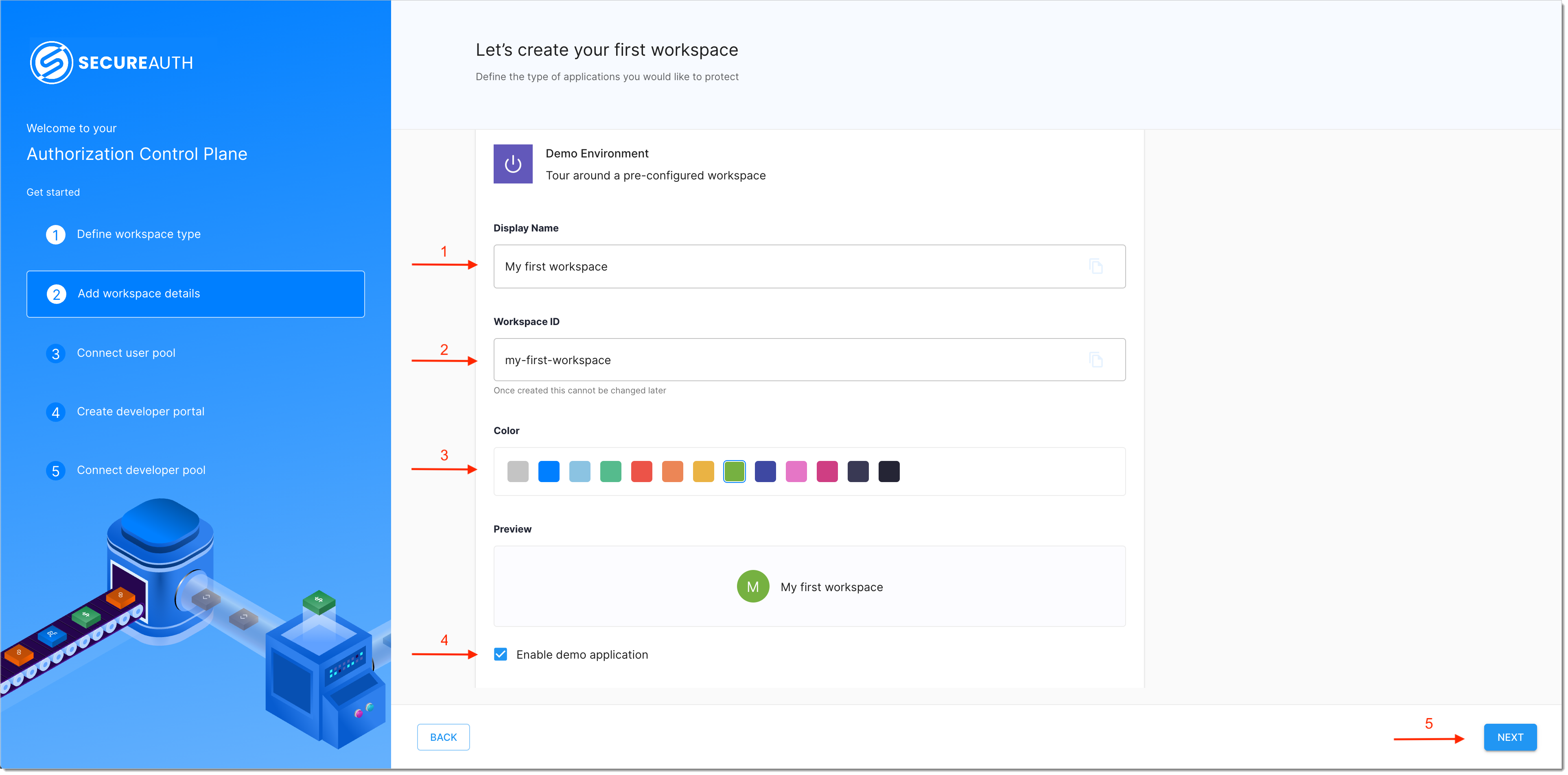 Workspace details form with display name field and next button