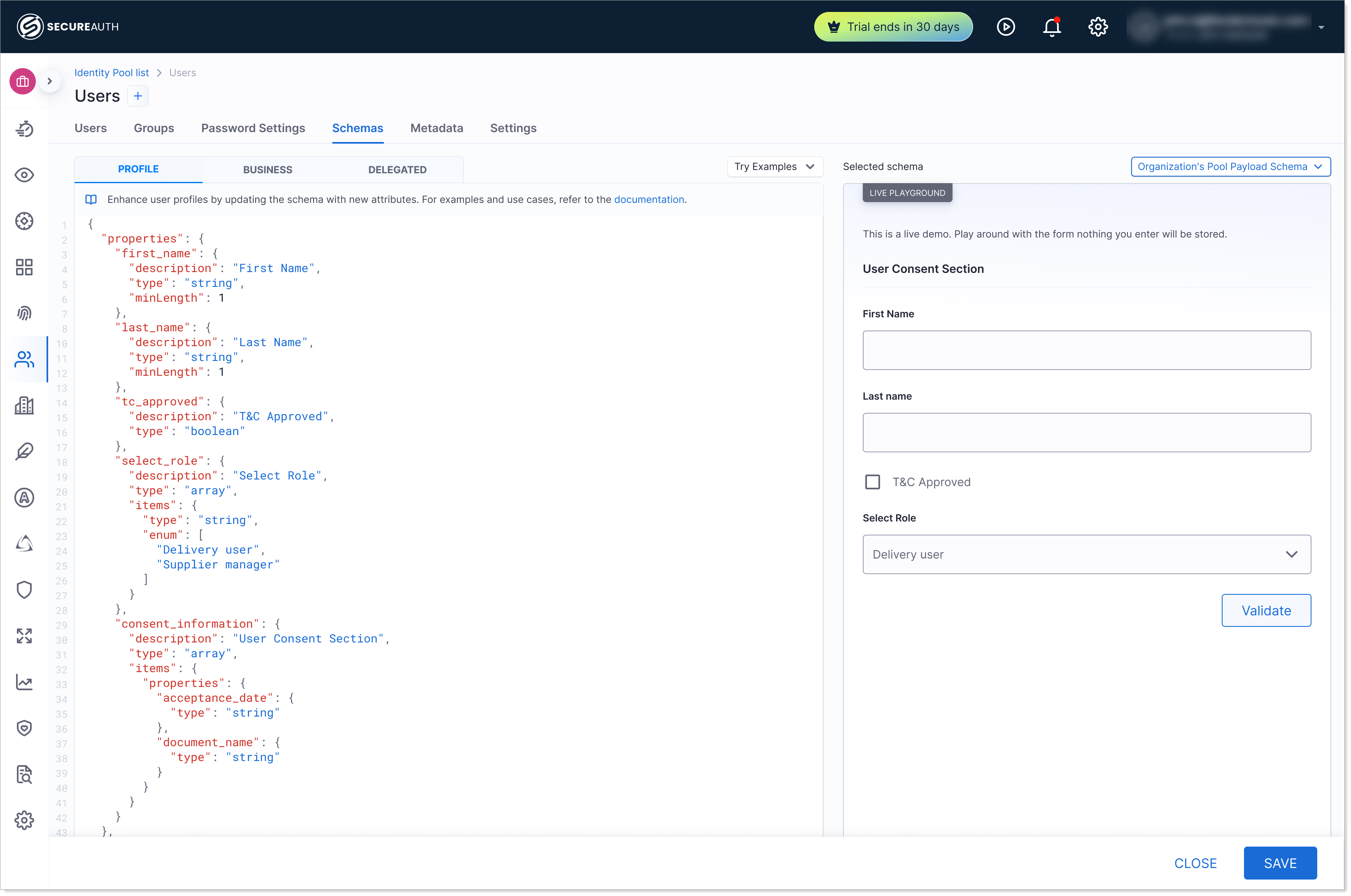 Profile schema for users in an identity pool