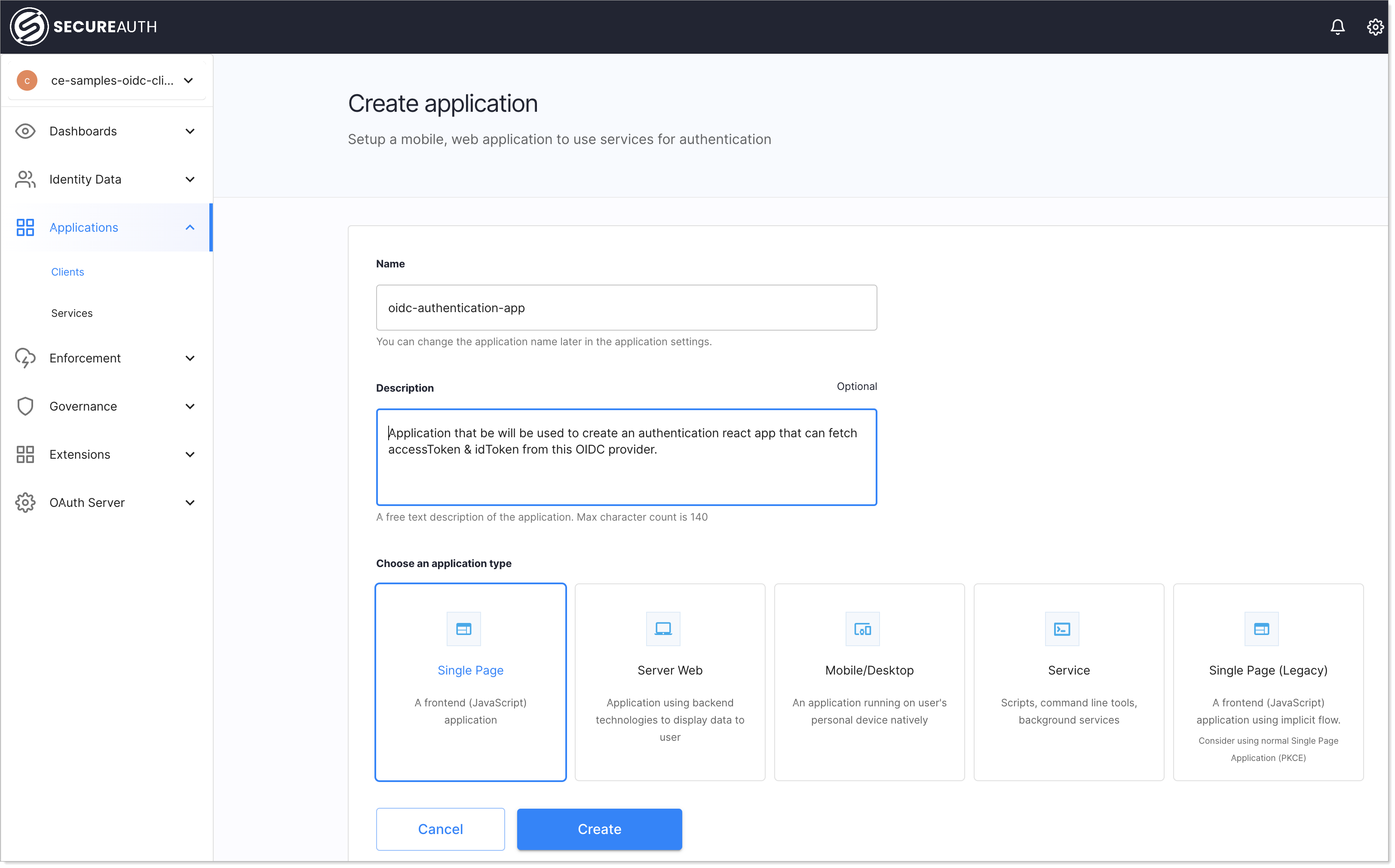 Create oauth oidc application
