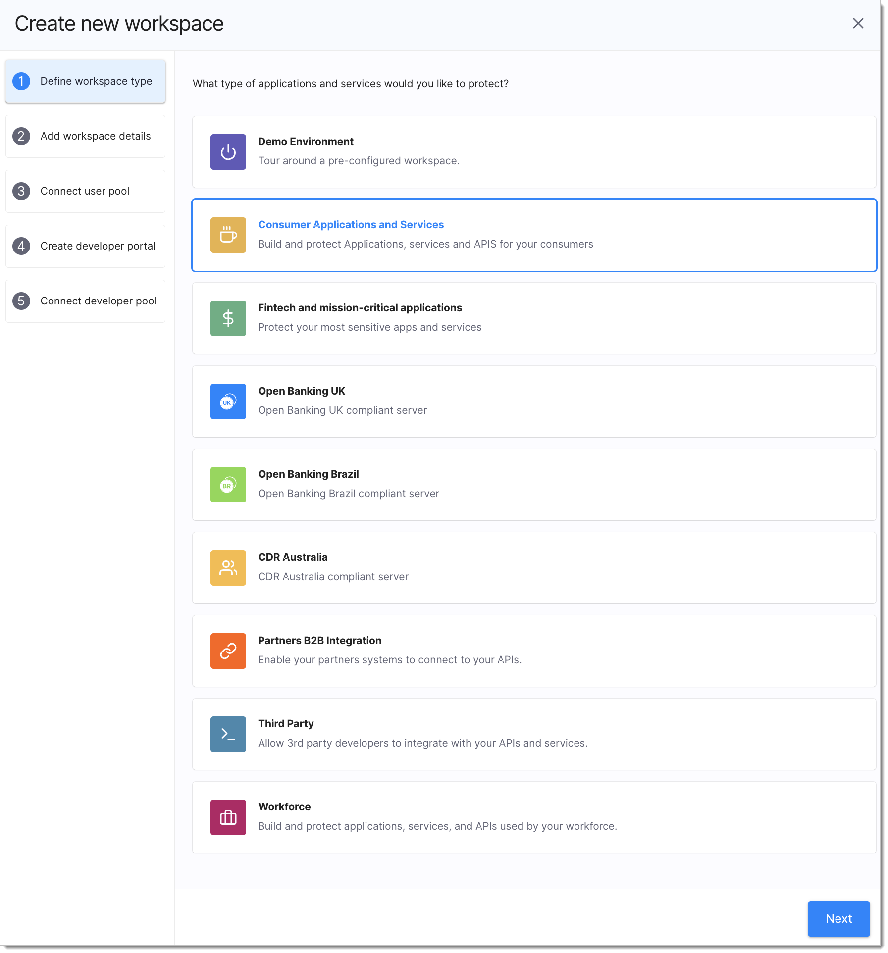 Choose workspace type from available templates