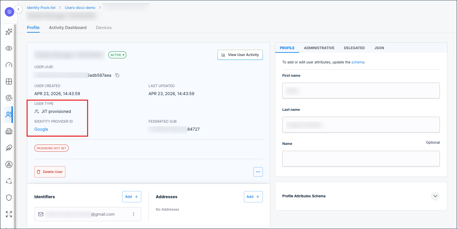 Provisioned user in the identity pool