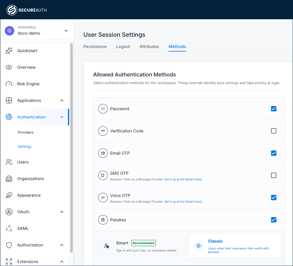 Authentication Methods page showing the Voice OTP option