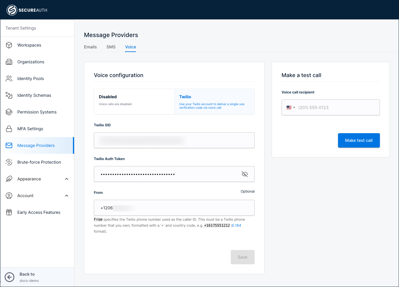 Voice provider configuration with Twilio settings
