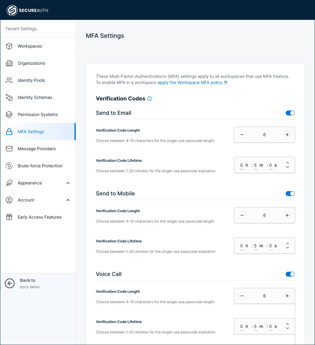 MFA Settings showing verification code configuration for email, mobile, and voice call
