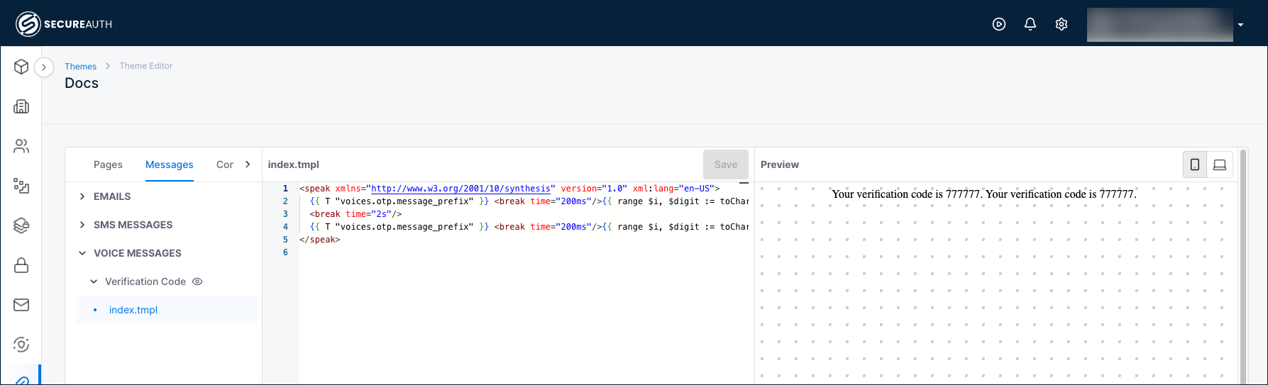 Voice message template editor showing the index.tmpl file and preview