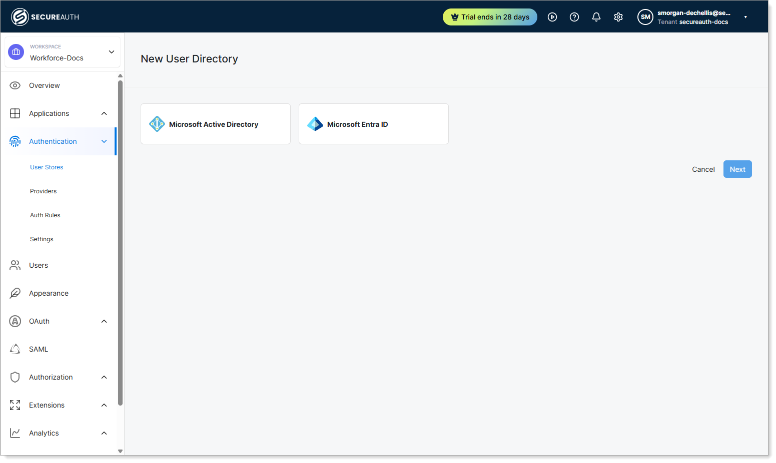 New User Directory page showing Microsoft Active Directory option highlighted