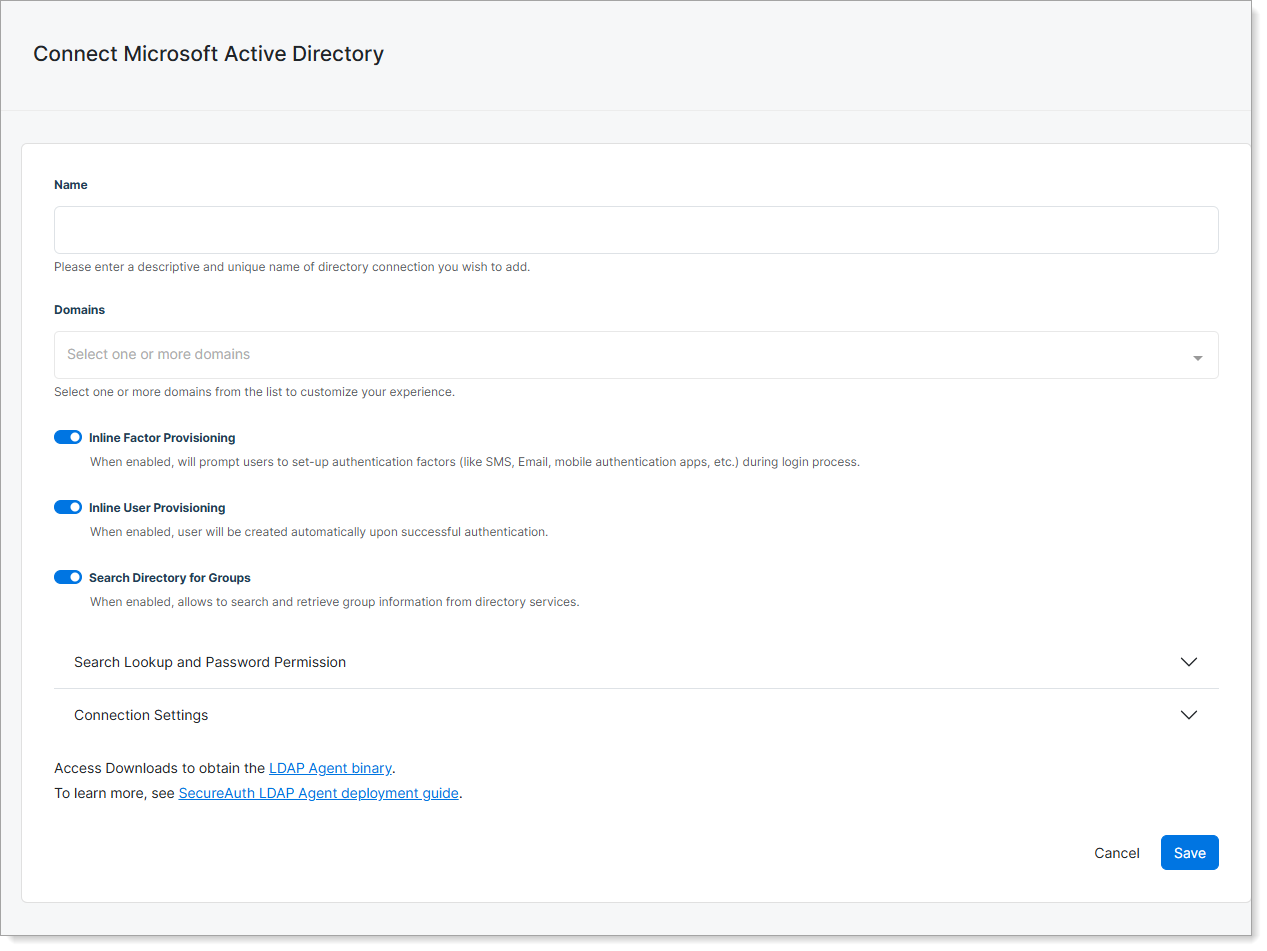 Active Directory connection details form with Name, Domains, and provisioning options