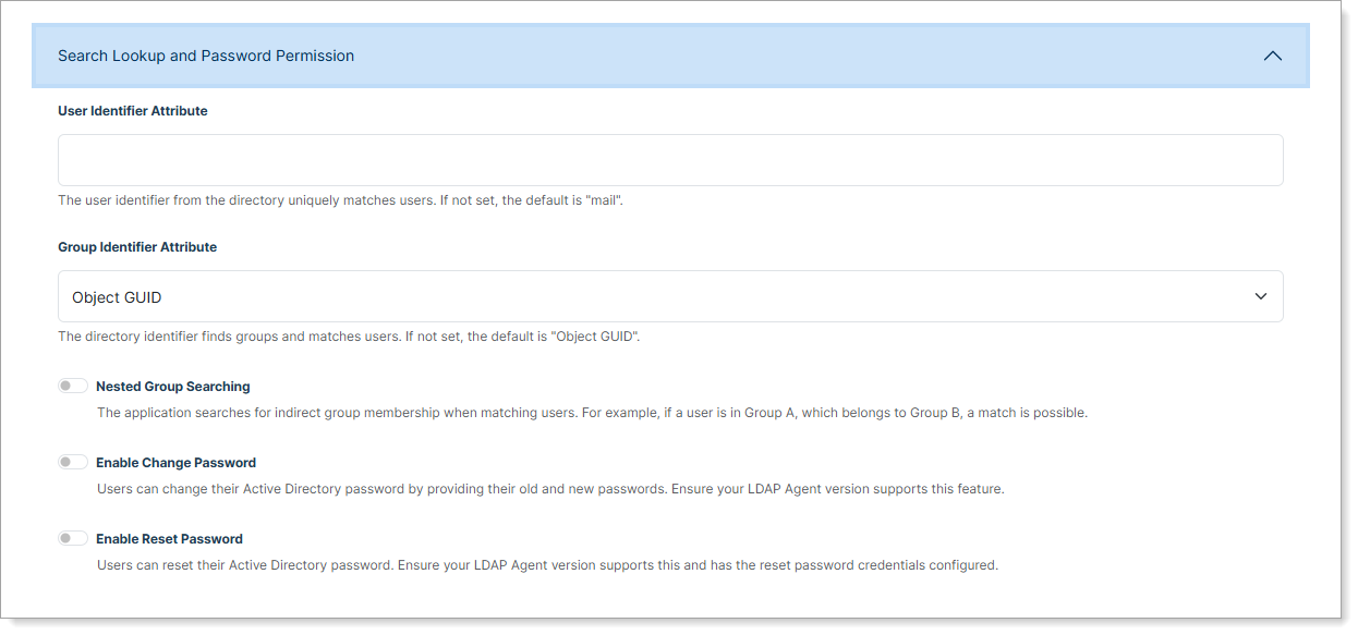 Search Lookup and Password Permission settings showing user and group identifier attributes