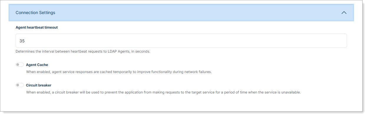 Connection Settings panel showing agent heartbeat timeout and performance options
