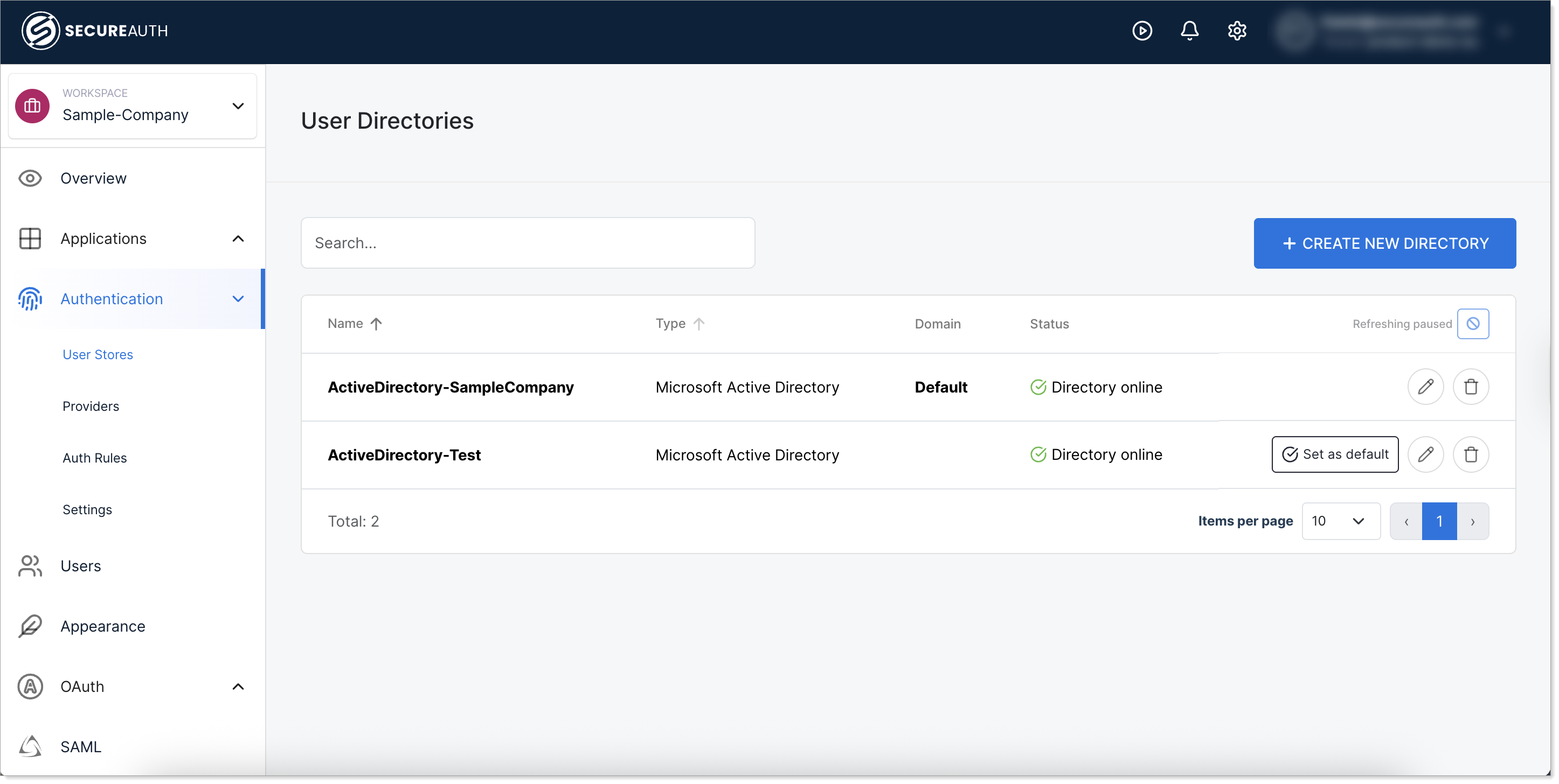 User Directories page showing default directory and Set as default button