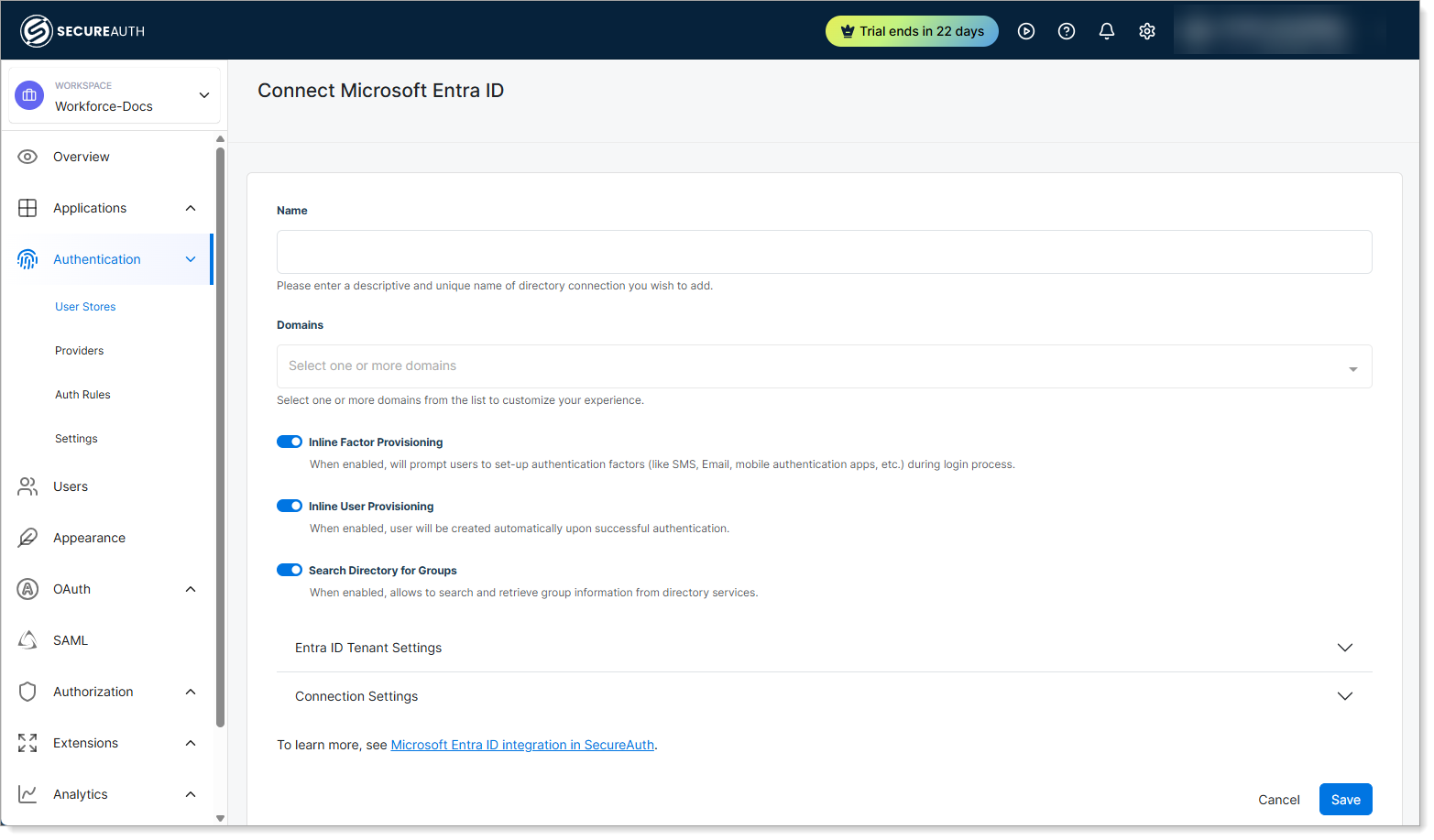 Microsoft Entra ID connection details form with Name, Domains, and provisioning options