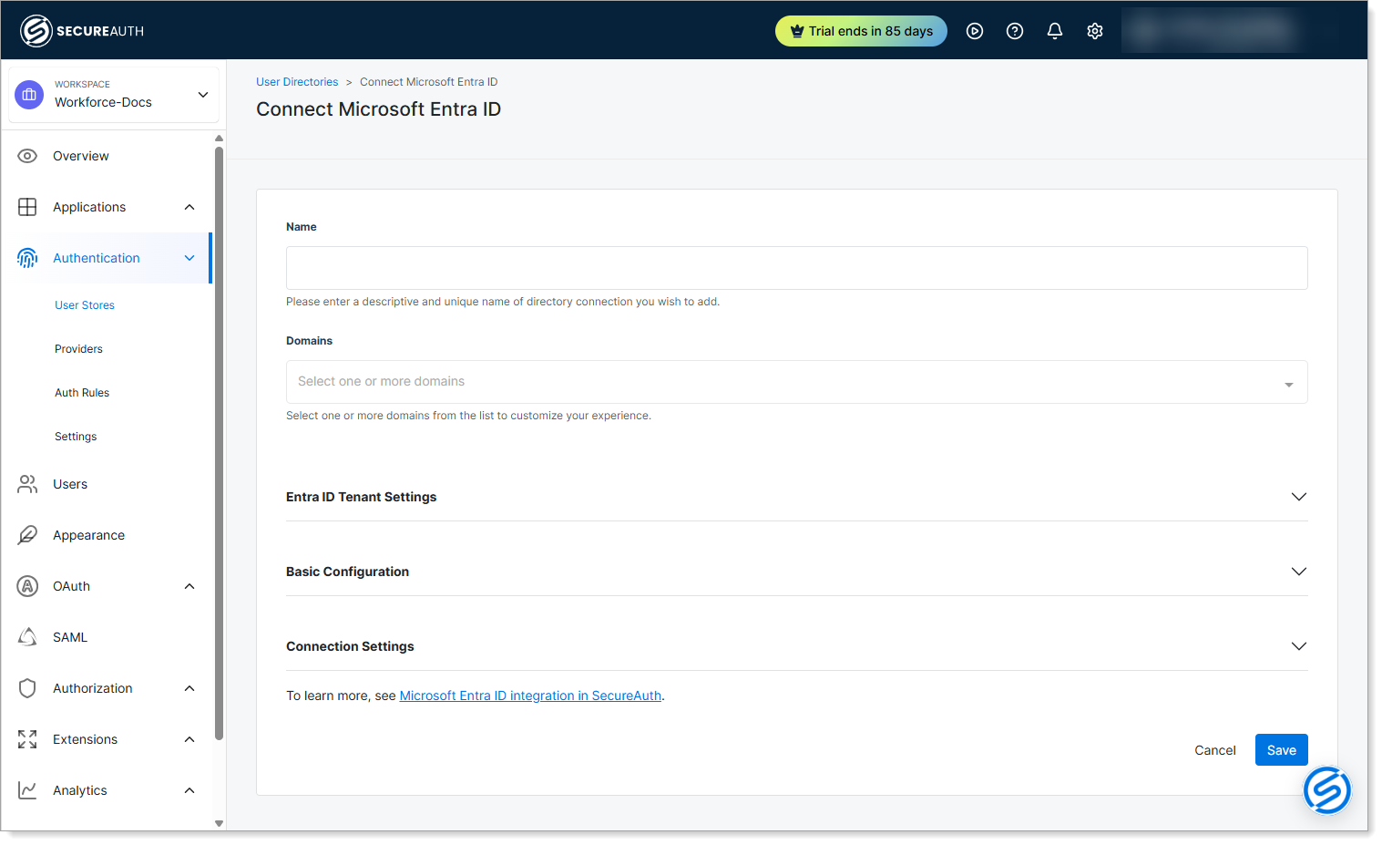 Microsoft Entra ID connection details form with Name and Domains