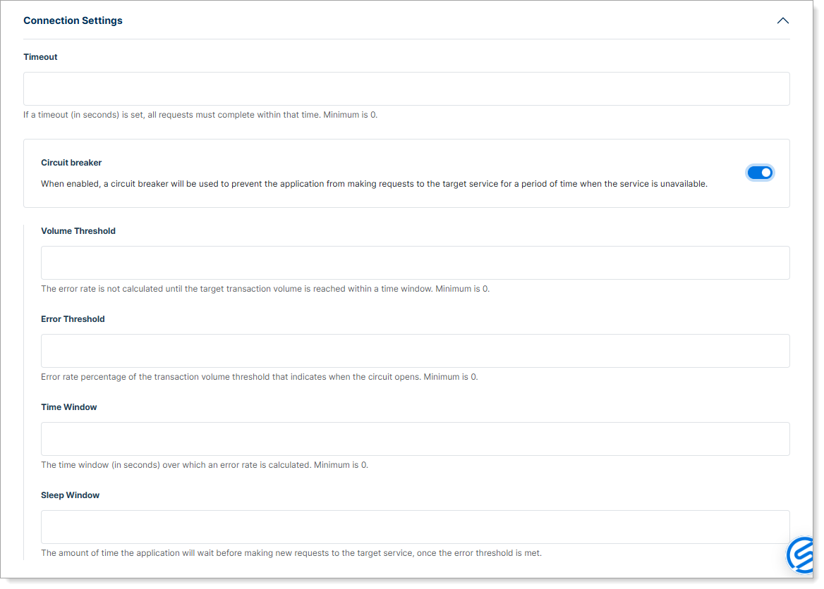 Connection Settings panel showing timeout and circuit breaker options