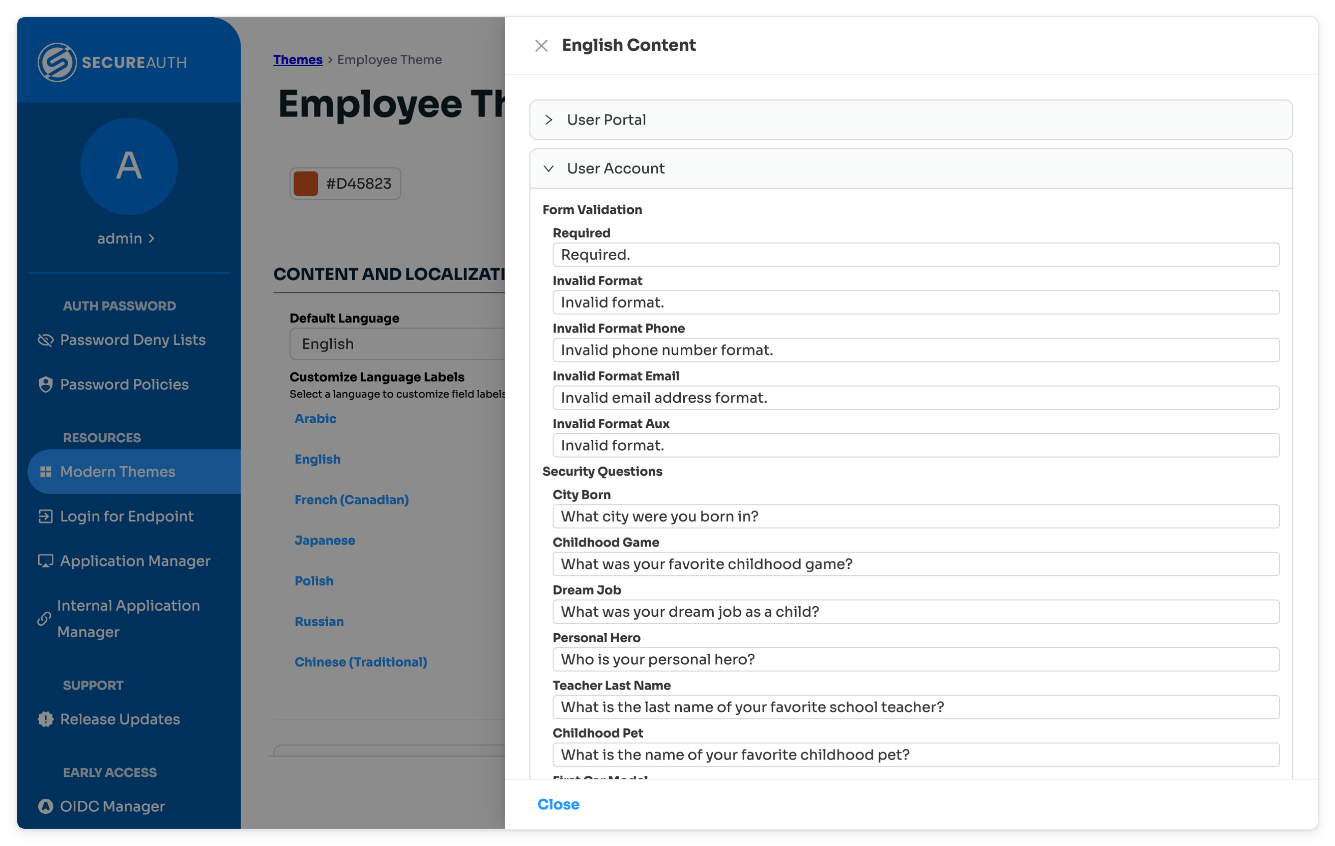 Language content drawer showing editable form validation messages and security questions for the User Account page.