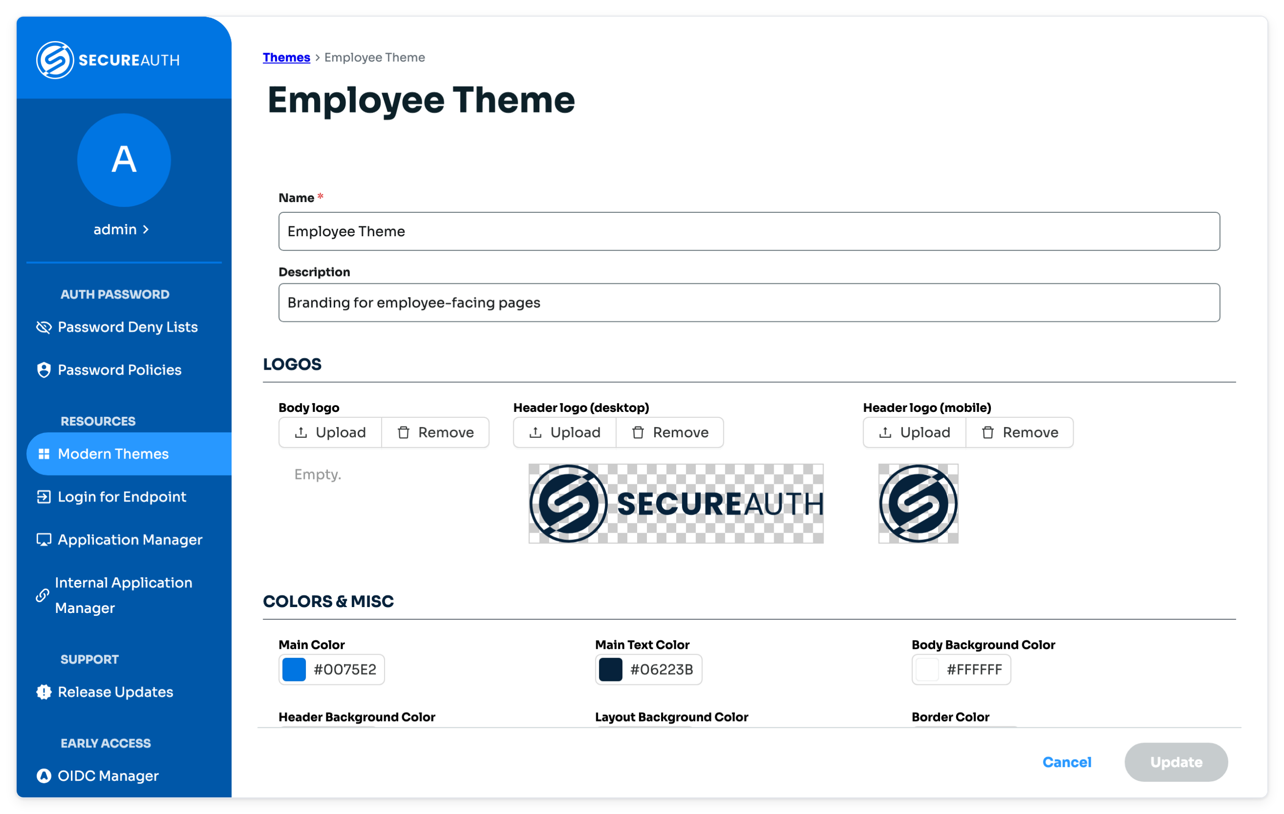 Top of the theme form showing the name, description, logo, and color settings.