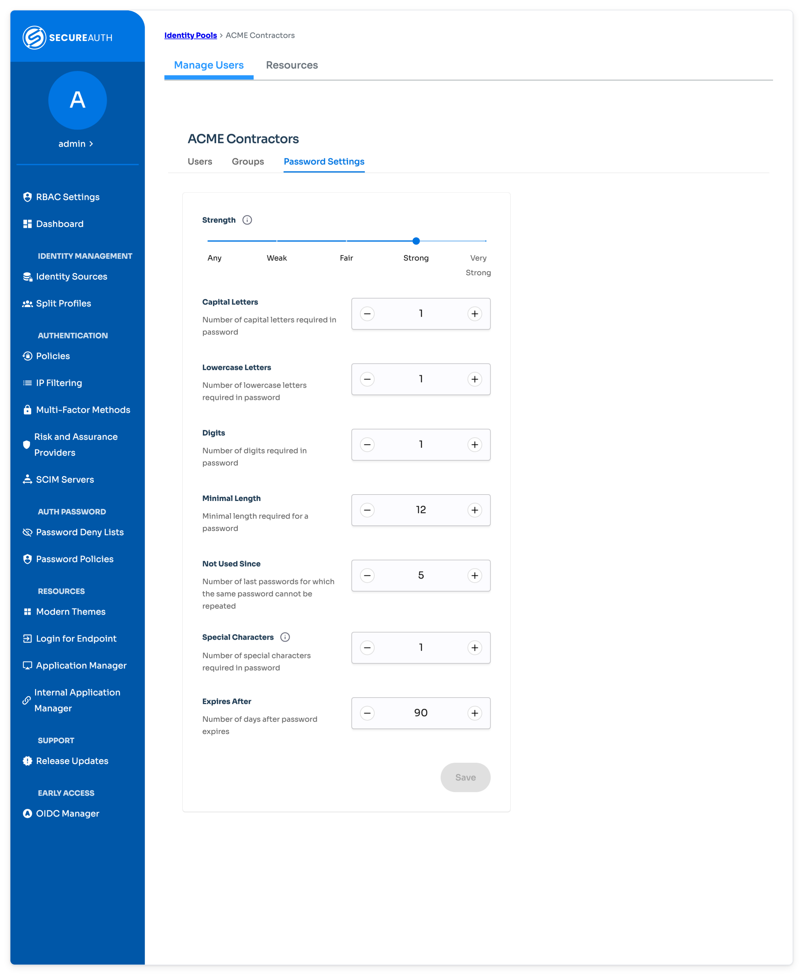 Identity pool Password Settings tab with password strength and character requirements.