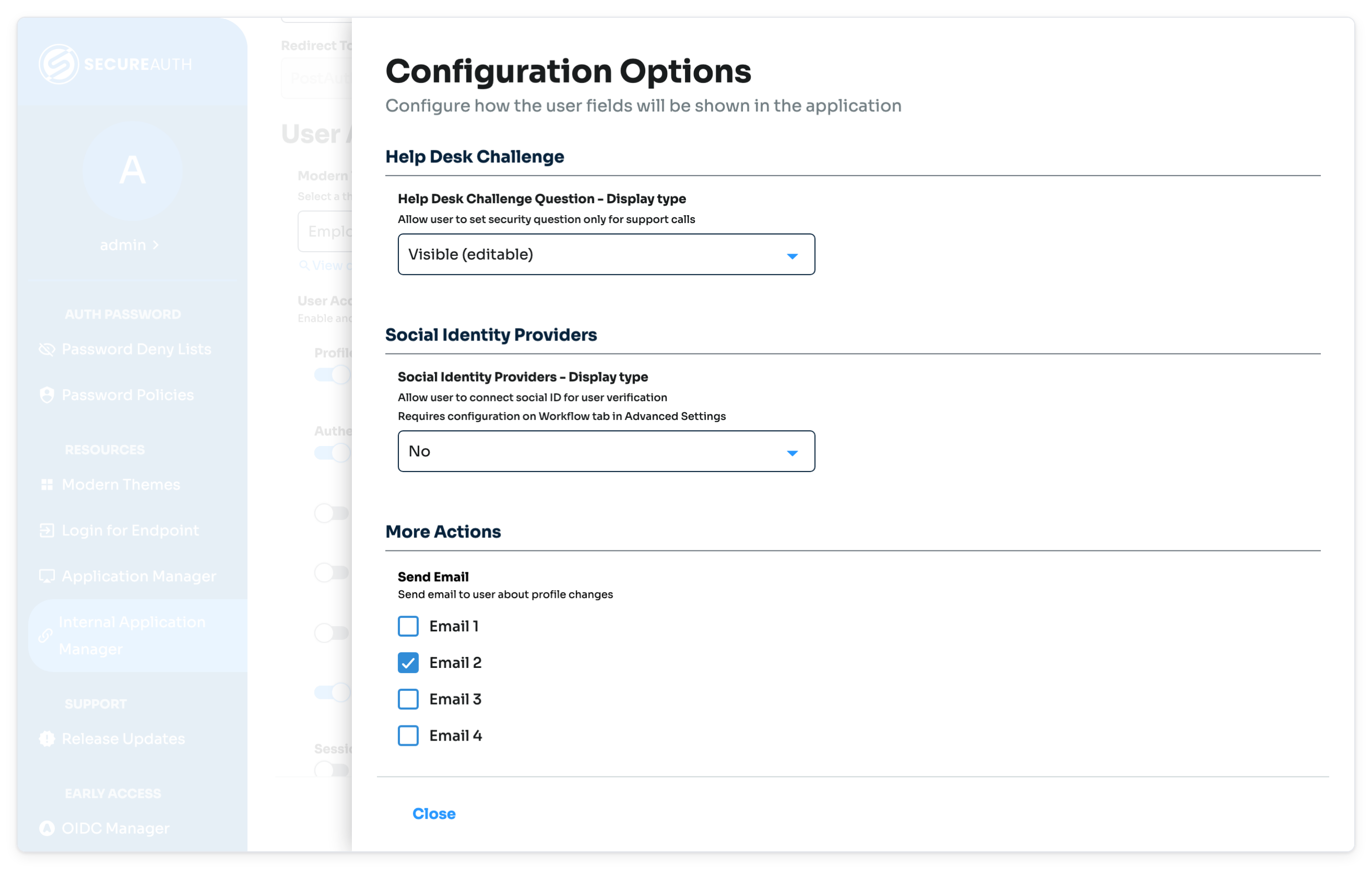 Configuration Options drawer showing the Help Desk Challenge, Social Identity Providers, and More Actions settings.