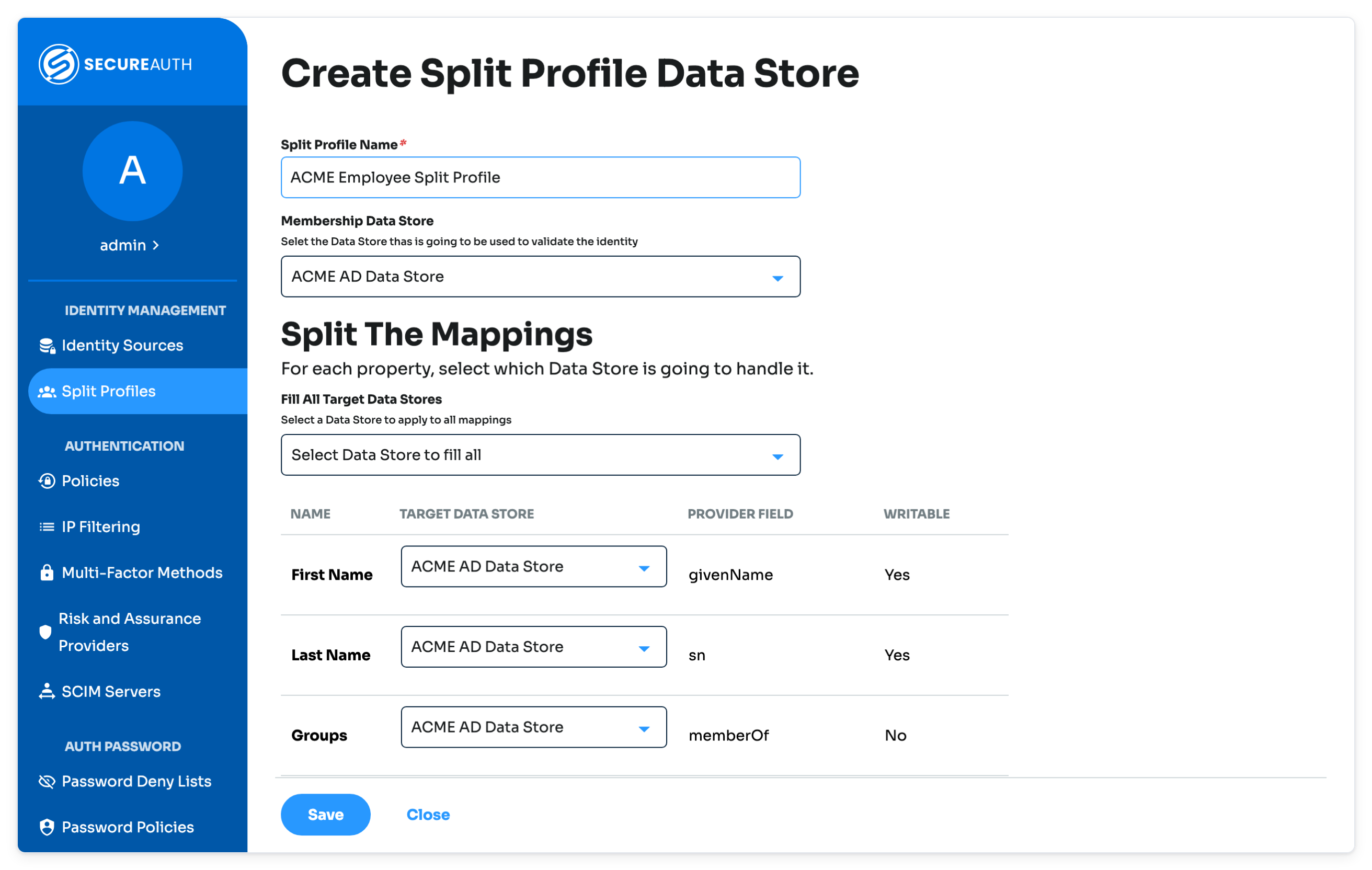 Create Split Profile Data Store page with a name, a membership data store, and property mappings to a target data store.